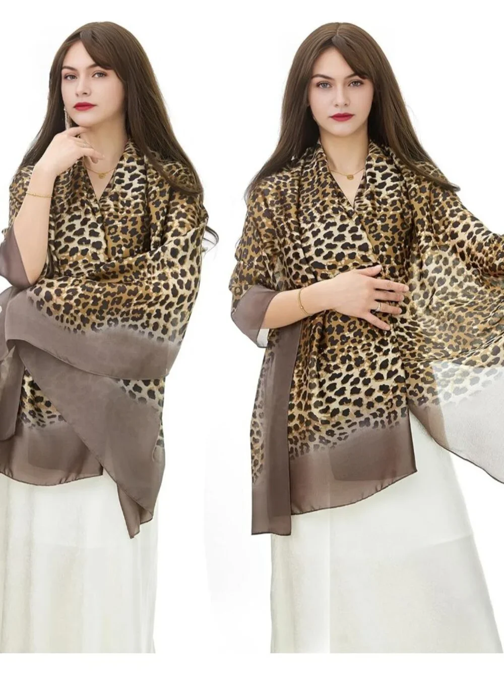 Women's Brown-Leopar Scarve Long Skinny Silky Lightweight Sunscreen Shawls Wraps